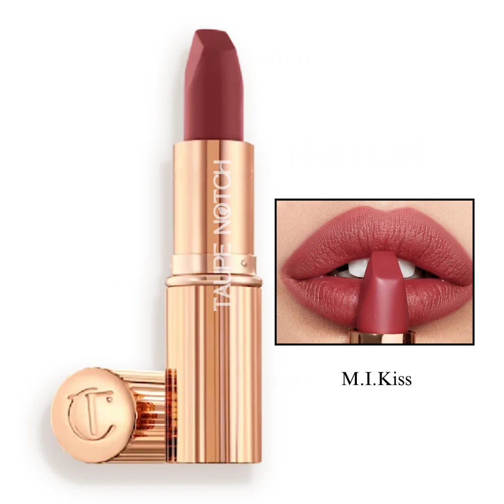 Matte lipstick in muted berry-rose shade, gold-toned tube with matching cap.