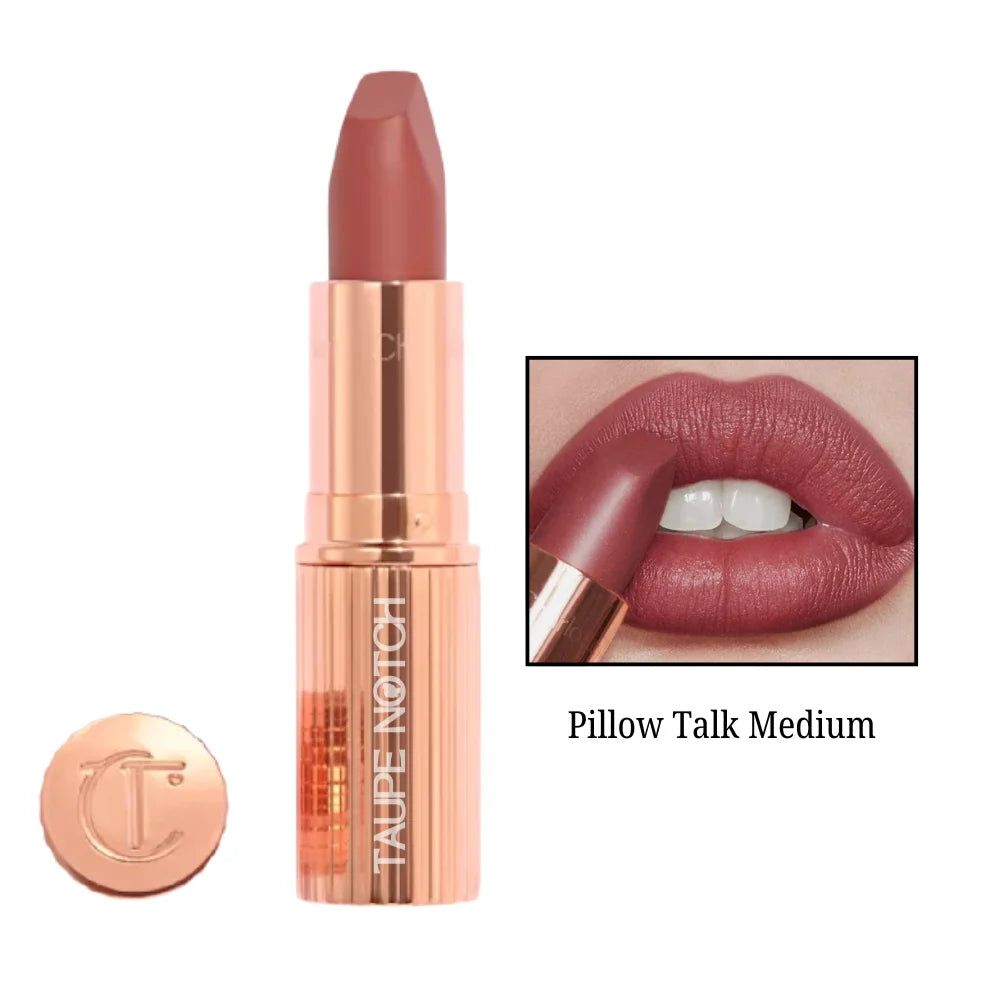 Matte lipstick in mauve-rose shade, gold-toned tube with matching cap.