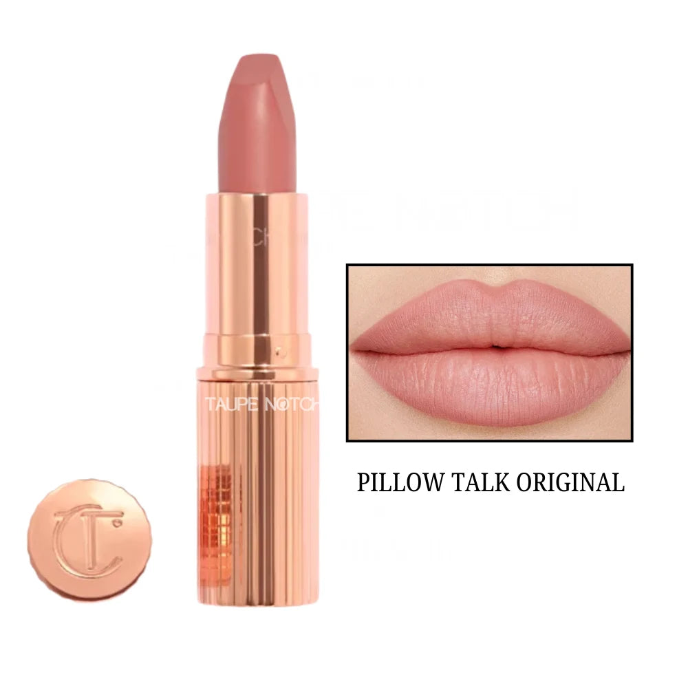 Matte lipstick in soft taupe-pink shade, gold-toned tube with matching cap.