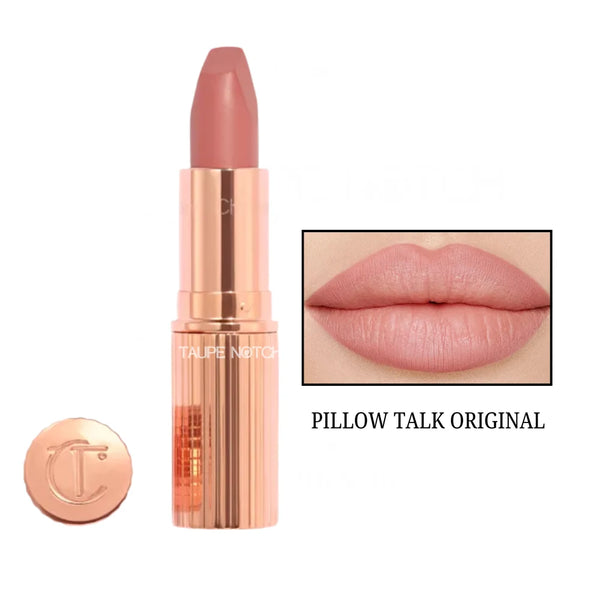 Matte lipstick in soft taupe-pink shade, gold-toned tube with matching cap.