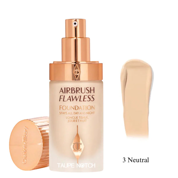 Charlotte Tilbury Airbrush Flawless Foundation bottle and shade smear, 3 Neutral