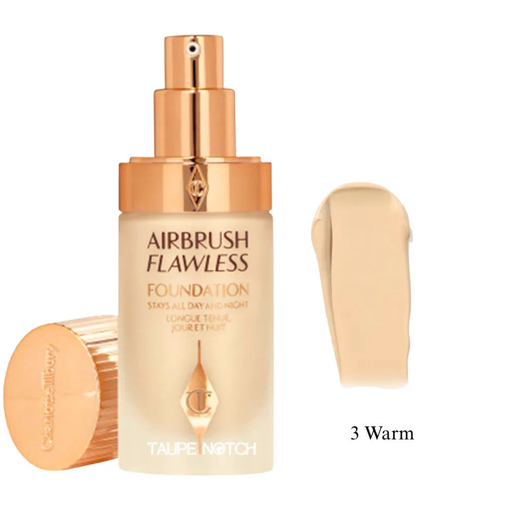 Charlotte Tilbury Airbrush Flawless Foundation bottle and shade smear, 3 Warm