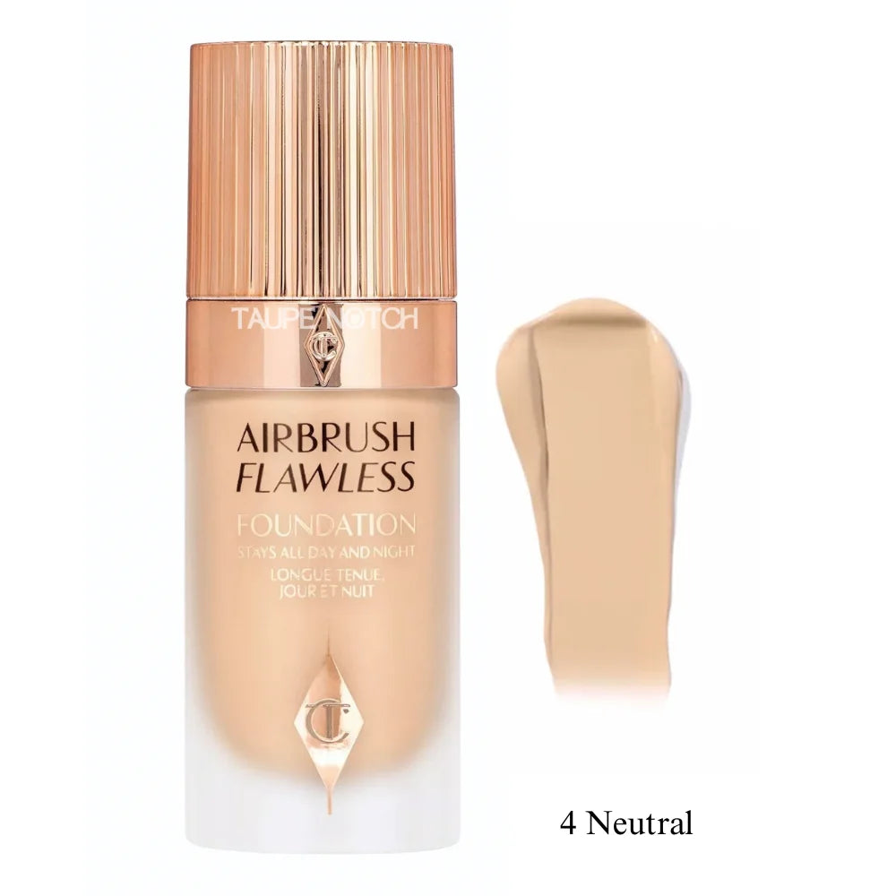 Charlotte Tilbury Airbrush Flawless Foundation bottle with cap, 4 Neutral and shade smear