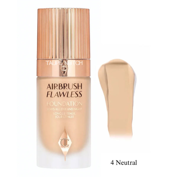 Charlotte Tilbury Airbrush Flawless Foundation bottle with cap, 4 Neutral and shade smear