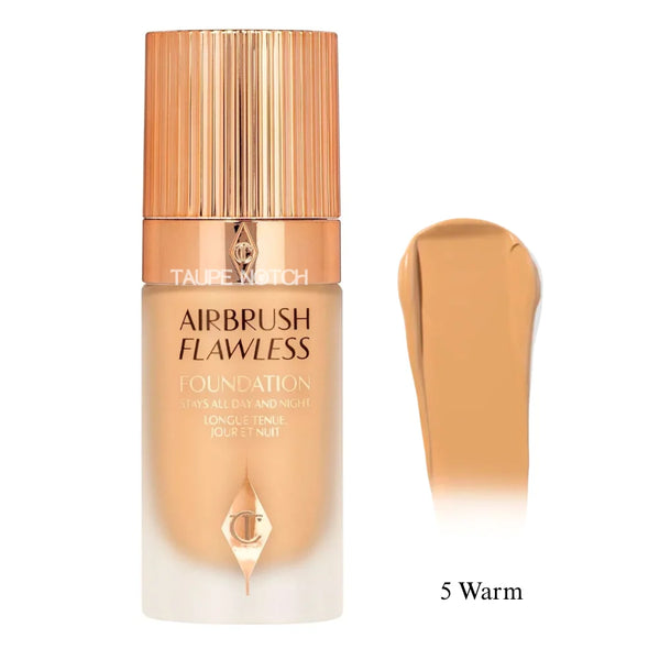 Charlotte Tilbury Airbrush Flawless Foundation bottle and shade smear, 5 Warm