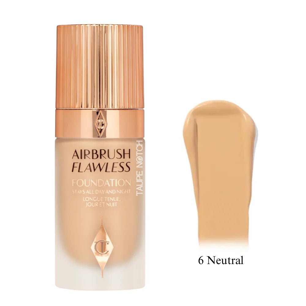 Charlotte Tilbury Airbrush Flawless Foundation bottle and shade smear, 6 Neutral