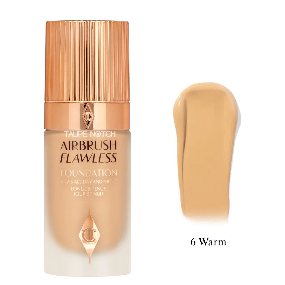 Charlotte Tilbury Airbrush Flawless Foundation bottle and shade smear, 6 Warm