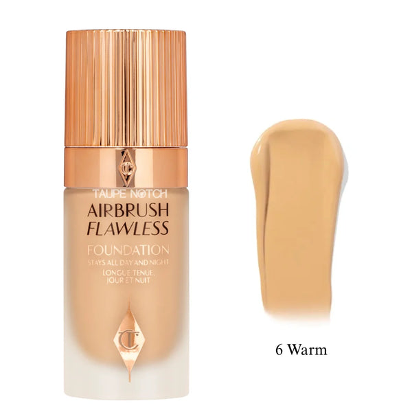 Charlotte Tilbury Airbrush Flawless Foundation bottle and shade smear, 6 Warm