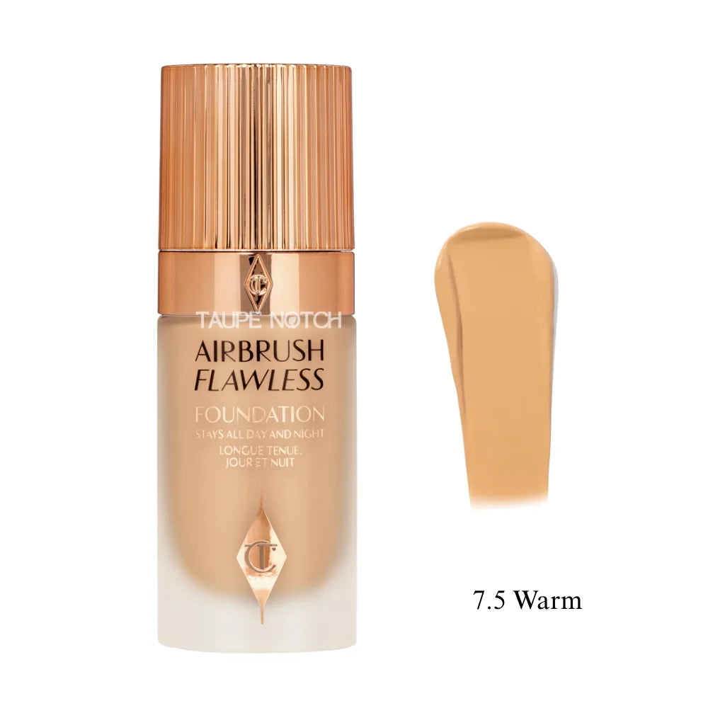 Charlotte Tilbury Airbrush Flawless Foundation bottle with 7.5 Warm shade swatch