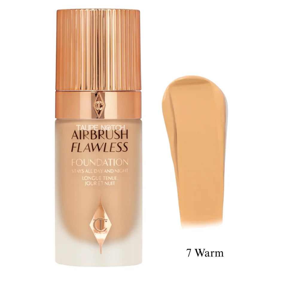 Charlotte Tilbury Airbrush Flawless Foundation bottle and shade smear, 7 Warm
