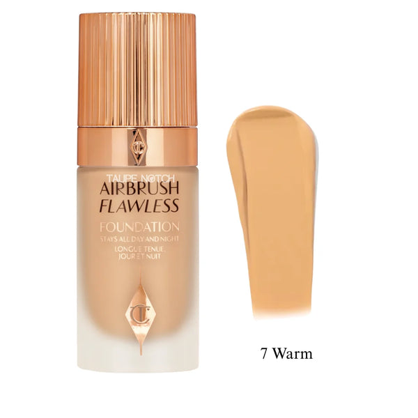 Charlotte Tilbury Airbrush Flawless Foundation bottle and shade smear, 7 Warm