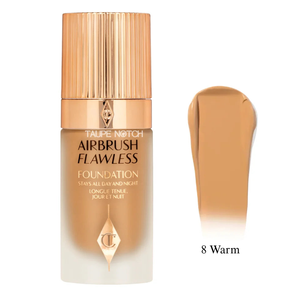Charlotte Tilbury Airbrush Flawless Foundation bottle and shade smear, 8 Warm