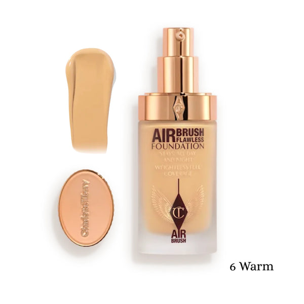 Airbrush Flawless Foundation bottle with 6 Warm liquid shade swatch