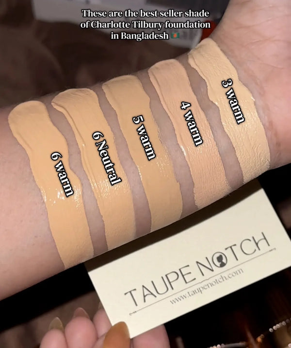 Arm with multiple foundation shade swatches: 3 Warm, 4 Warm, 5 Warm, 6 Warm, 6 Neutral
