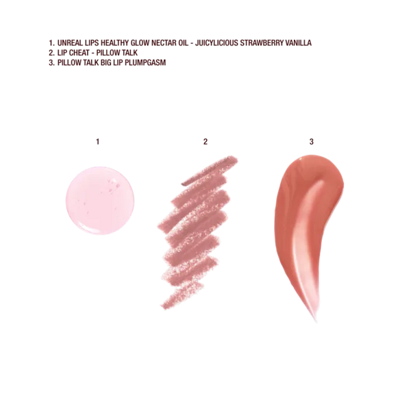 Three lip swatches: pale pink gloss, pink shimmer stripes, nude lip color