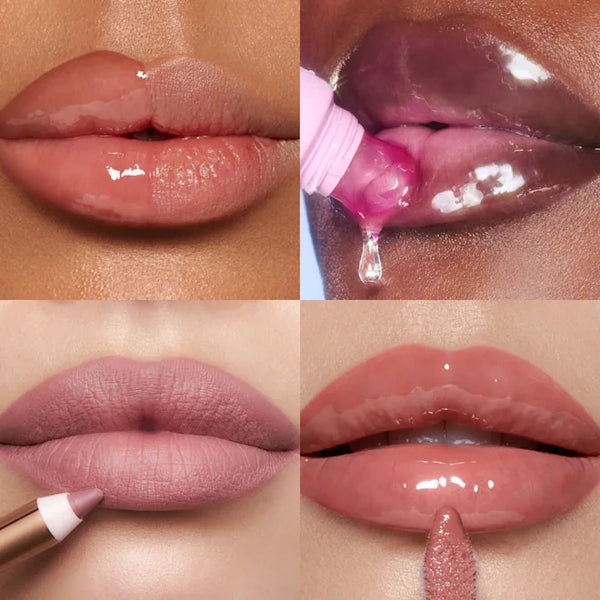 Close-up lip gloss swatch with applicator wand on glossy pink lips