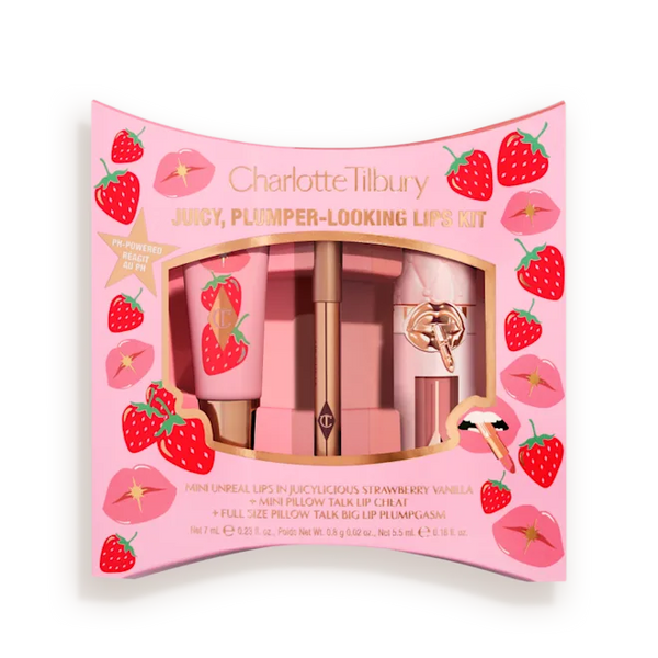 Lip plumper kit gift box with strawberry print and three mini lip products