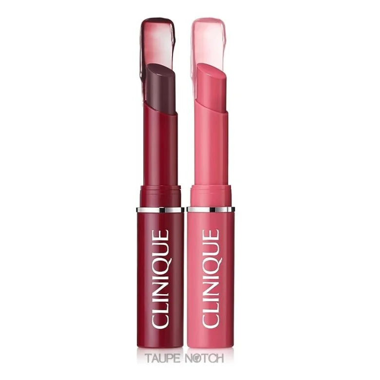 Two lipsticks side by side: dark berry and pink, with exposed bullets
