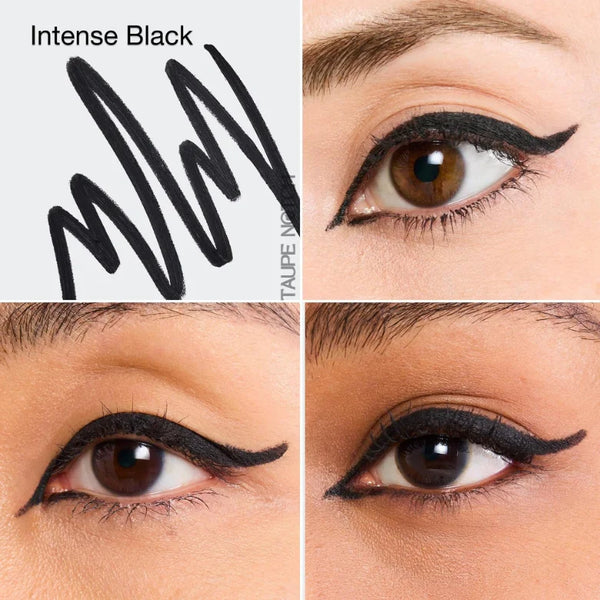 Intense Black gel eyeliner on eyes with bold winged line and swatch