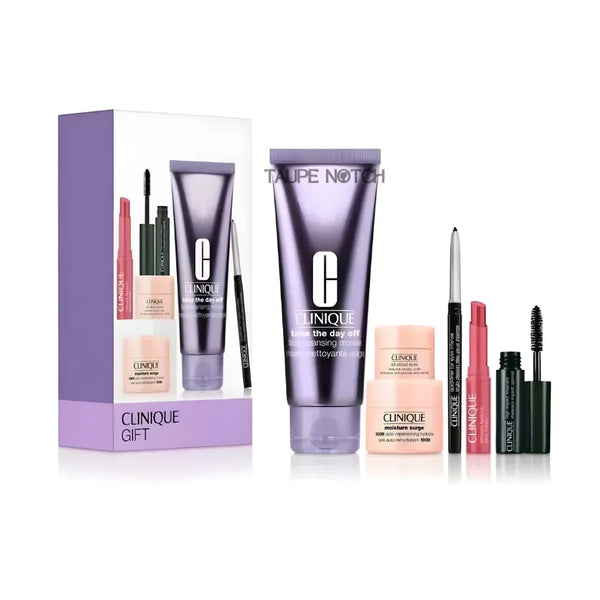 Clinique gift set with skincare tube, moisturizer jar, lipstick, mascara, and eye pencil