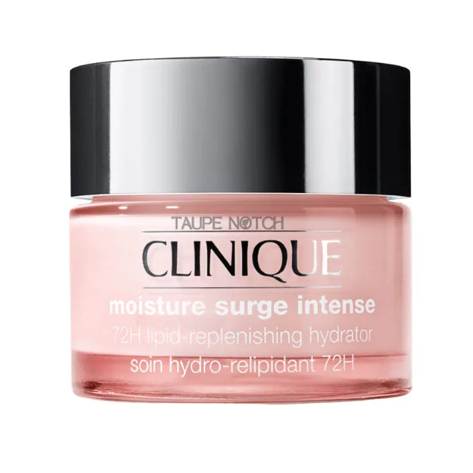 Clinique Moisture Surge intense hydrator jar, silver cap, pink 'Taupe Notch' branding