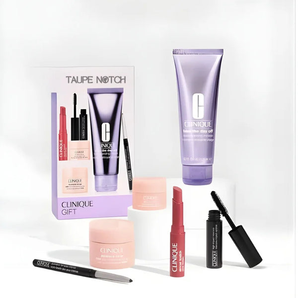 Clinique gift set with facial cleanser tube, moisturizer jar, lip balm, lipstick, mascara