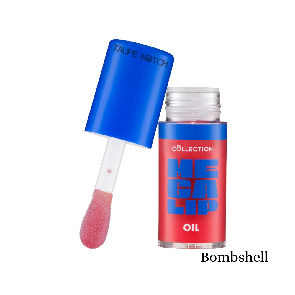 Collection Mega Lip Oil in Bombshell shade with blue cap and pink doe-foot applicator