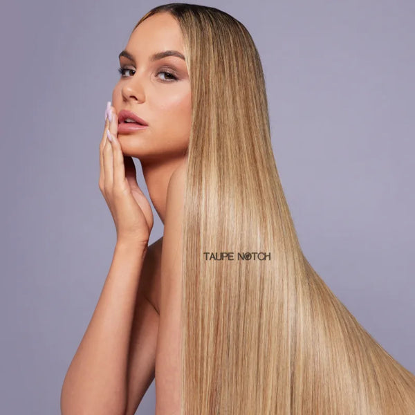 Hair treatment on long straight blonde hair, Taupe Notch text on back