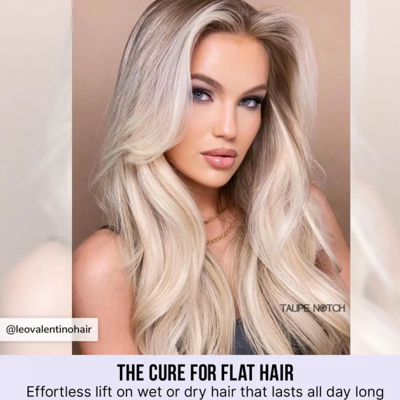 Hair styling spray on long blonde hair, Taupe Notch shade