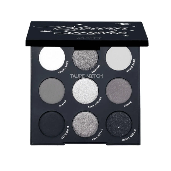 Eyeshadow palette with nine cool-toned matte and shimmer pans in taupe, gray, and dark.