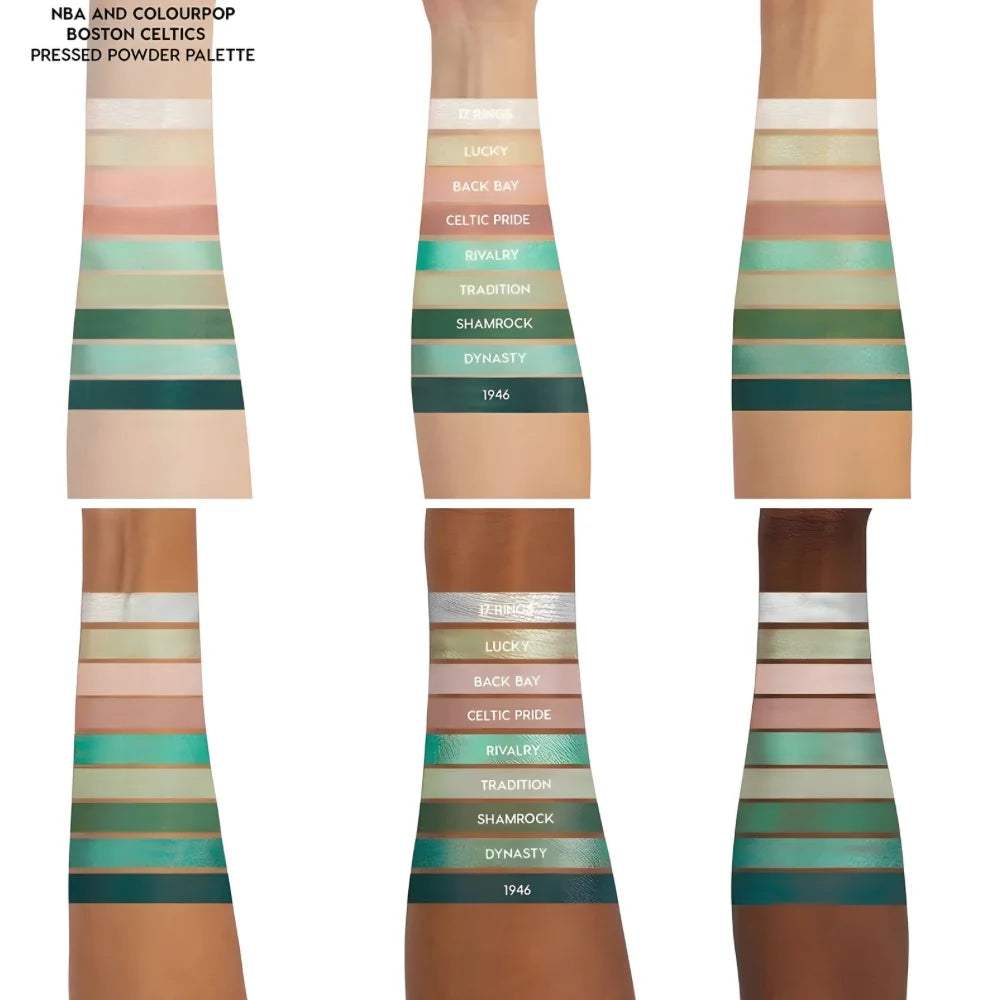 Pressed eyeshadow palette swatches on arm in layered neutral and green tones
