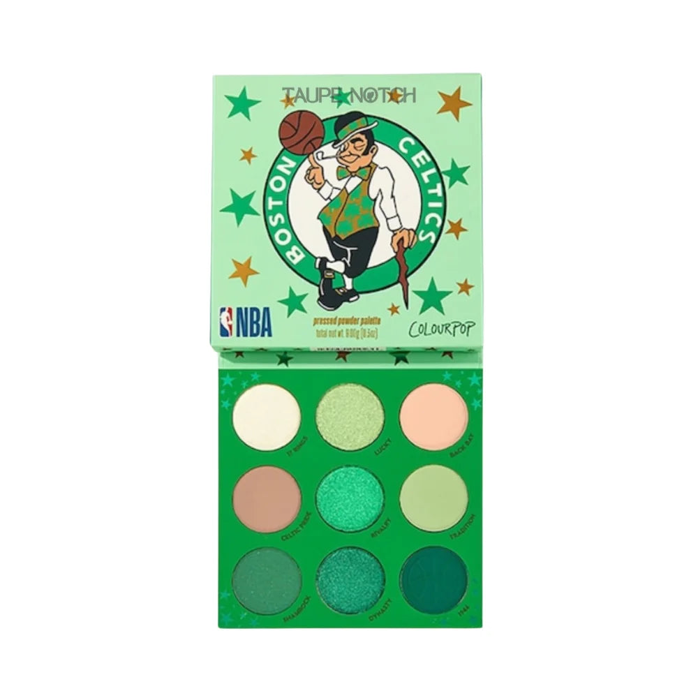 Eyeshadow palette with 9 pressed powder pans in green and neutral shades, open compact