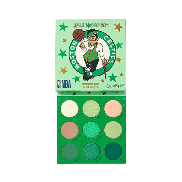 Eyeshadow palette with 9 pressed powder pans in green and neutral shades, open compact