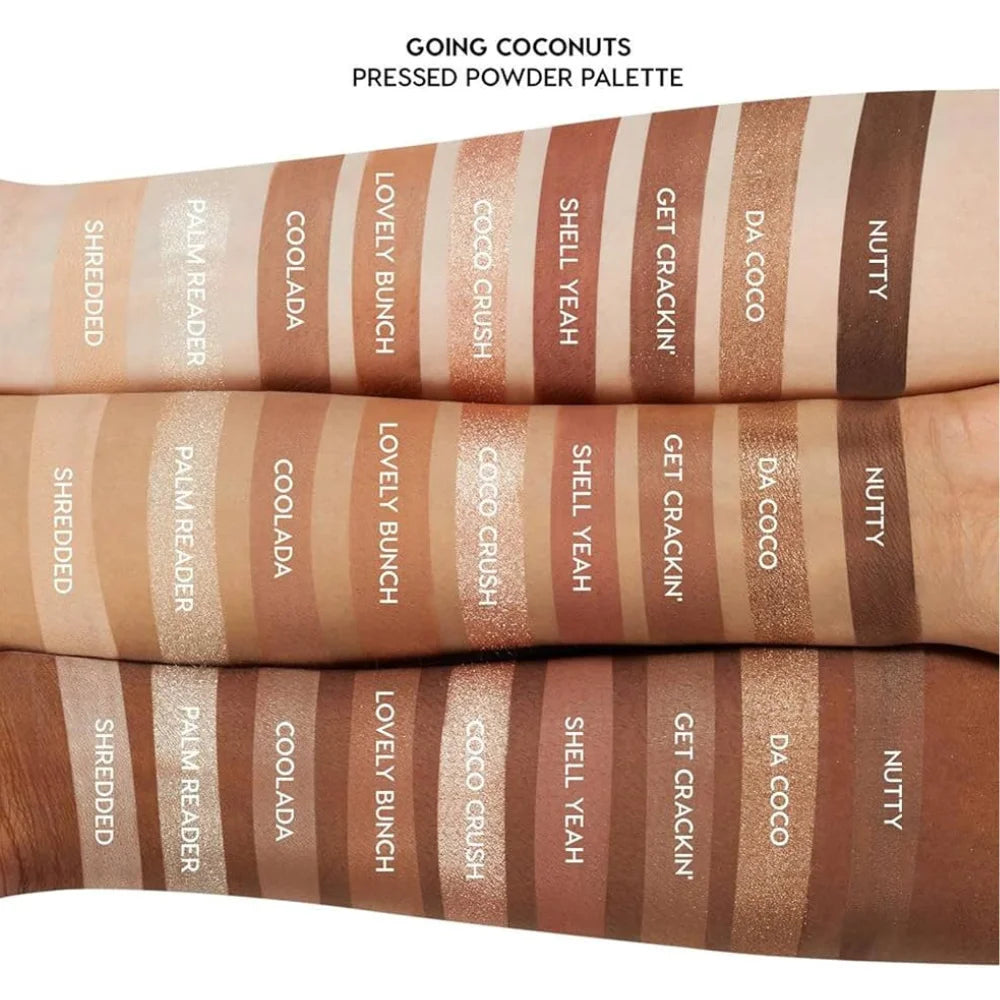 Eyeshadow palette swatches showing warm neutral and bronzy gold shades on skin.