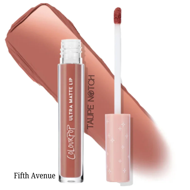 Ultra matte liquid lipstick in Fifth Avenue with doe-foot applicator and cap