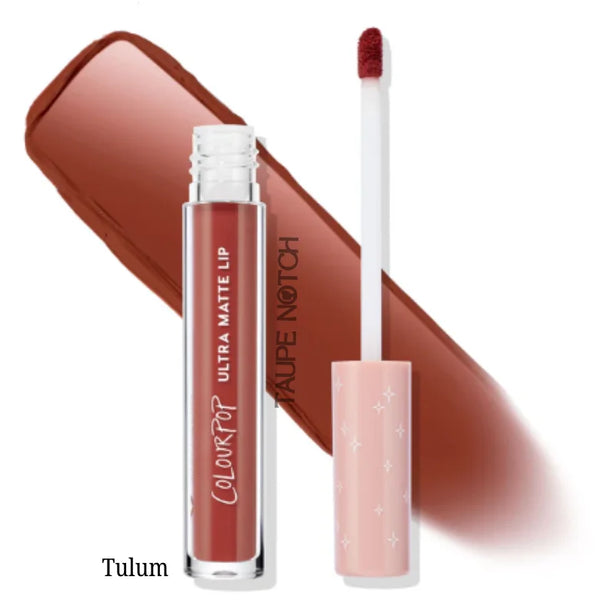 Ultra matte liquid lipstick in Tulum with doe-foot applicator and cap