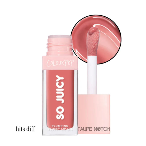 Glossy lip oil in dusty rose shade with clear tube and white doe-foot applicator