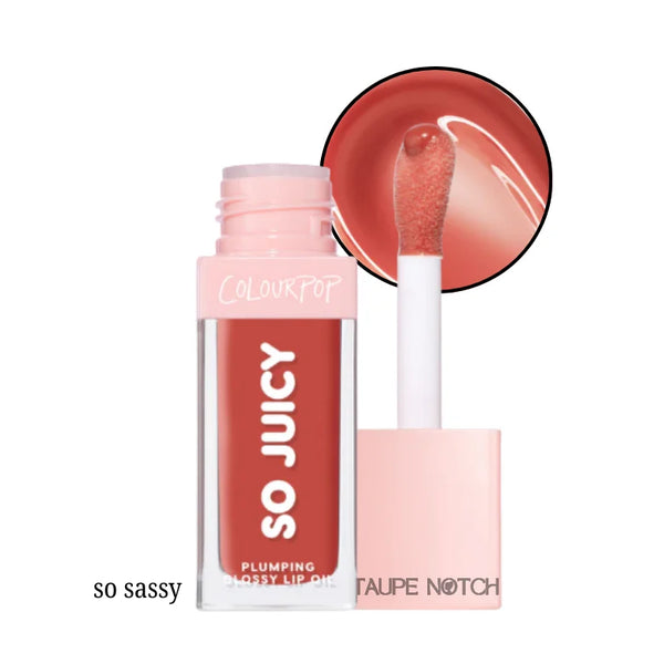 Glossy lip oil in warm red-brown shade with clear tube and white doe-foot applicator