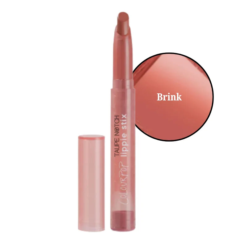 Lipstick in Brink warm rose-brown shade, clear tube with capped wand
