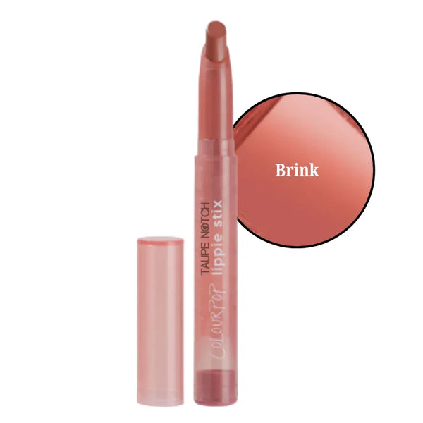 Lipstick in Brink warm rose-brown shade, clear tube with capped wand