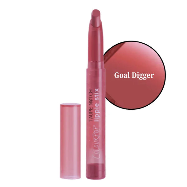 Lipstick in Goal Digger muted rose-brown shade, clear tube with capped wand