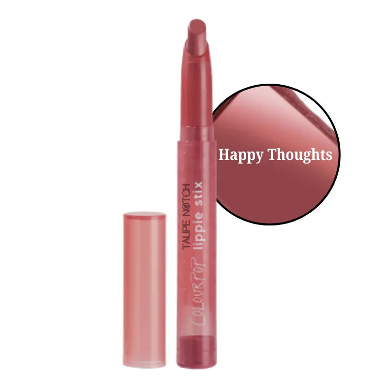 Lipstick in Happy Thoughts berry-brown shade, clear tube with capped wand