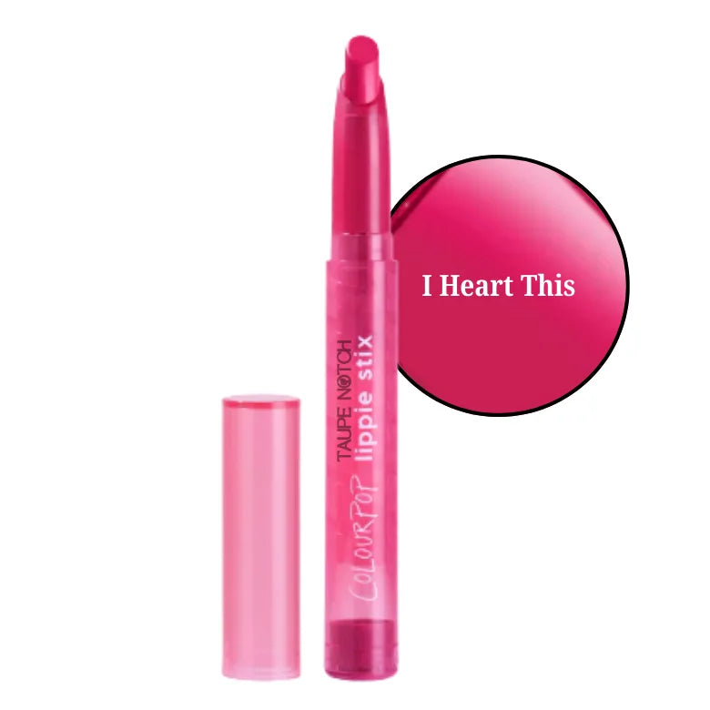 Lipstick in I Heart This fuchsia pink shade, clear tube with capped wand