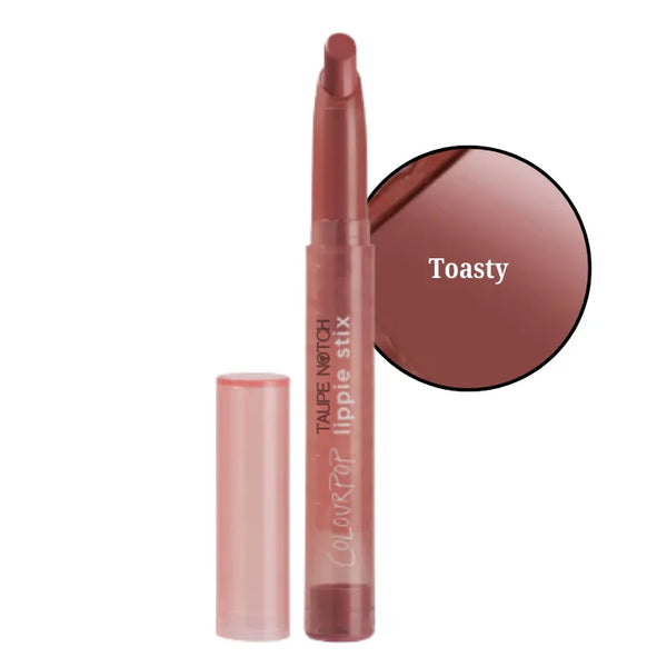Lipstick in Toasty deep brick-brown shade, clear tube with capped wand