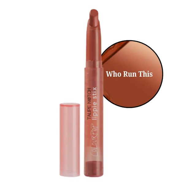 Lipstick in Who Run This terracotta brown shade, clear tube with capped wand