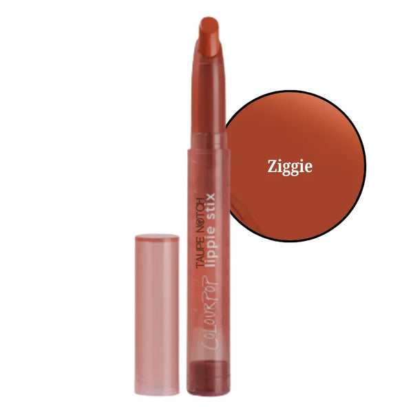 Lipstick in Ziggie warm brown shade, clear tube with capped wand
