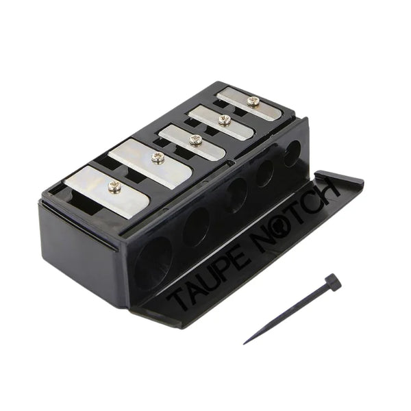 Universal pencil sharpener with four sharpening slots and metal blades, black housing