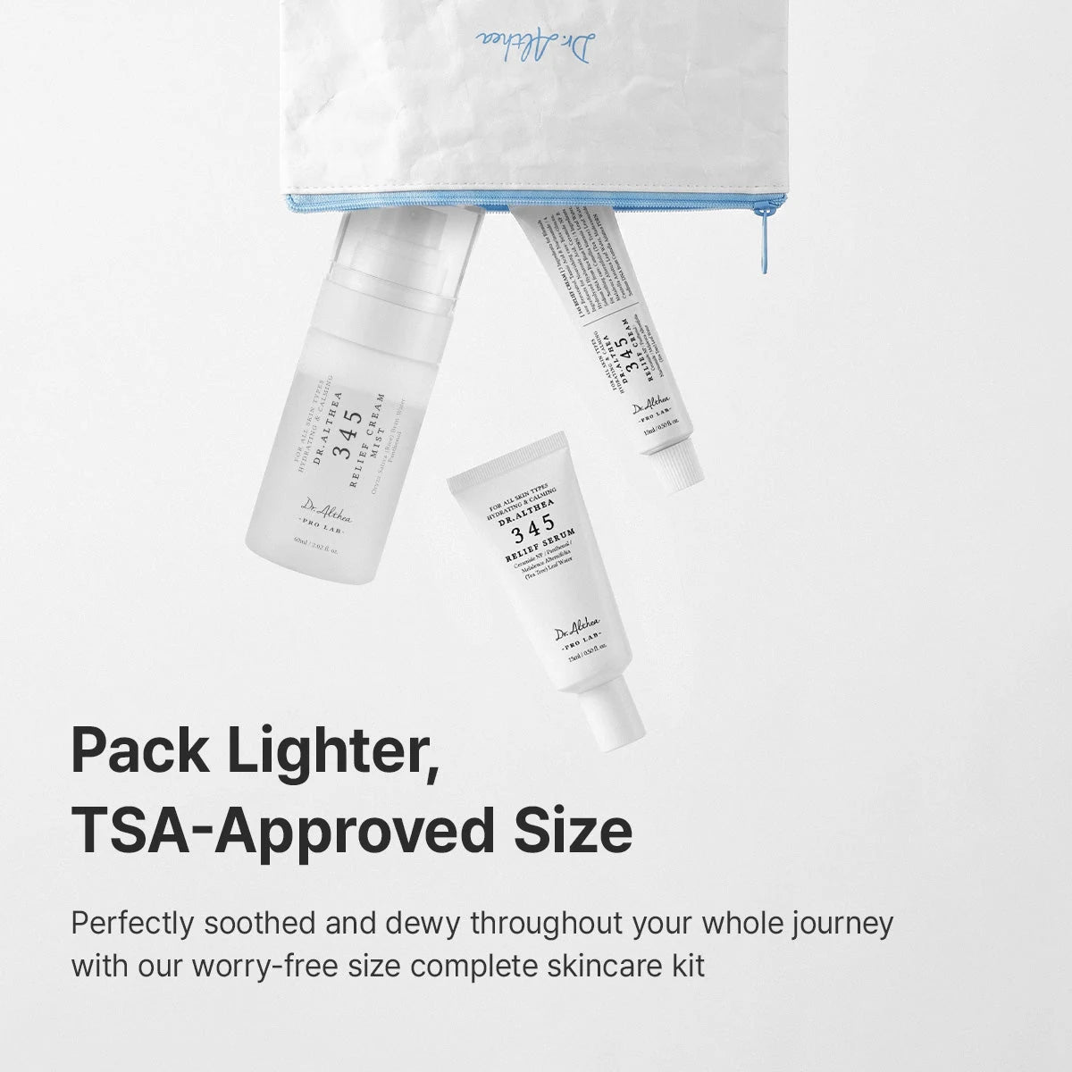 Three skincare bottles with a TSA-approved size bag on a white background