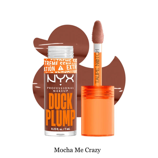 Plumping lip gloss in Mocha Me Crazy, mocha-brown tube with doe-foot applicator