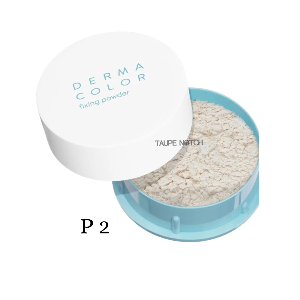 Dermacolor fixing powder container with open lid, showing light beige setting powder.